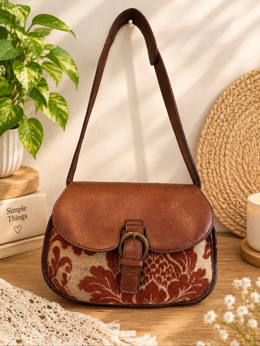 Vintage Brown Floral Leather & Tapestry Shoulder Bag